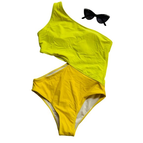 Yellow One Shoulder Cheeky One-Piece Swimsuit With Side Cut-Out Design - Picture 1 of 7
